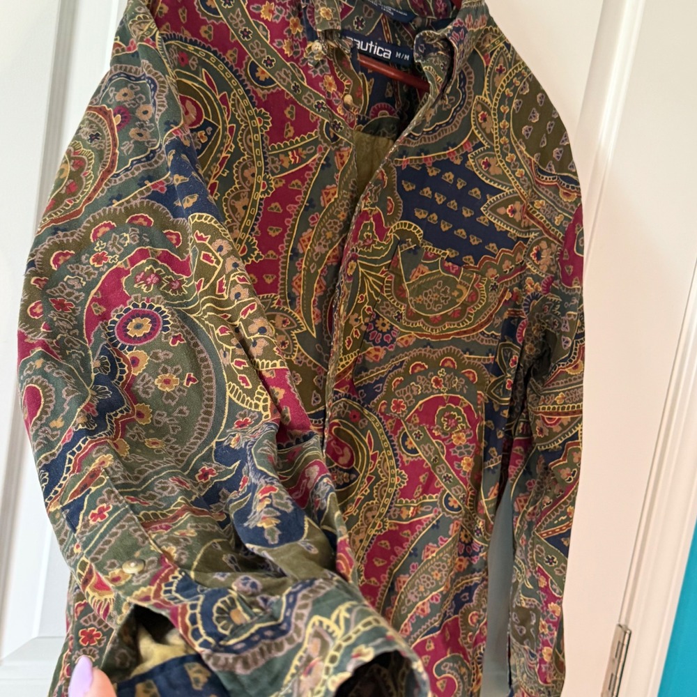Vintage Nautica Mens Paisley Long Sleeve Cotton Button Up Boho Retro 70s Shirt M - Picture 3 of 8